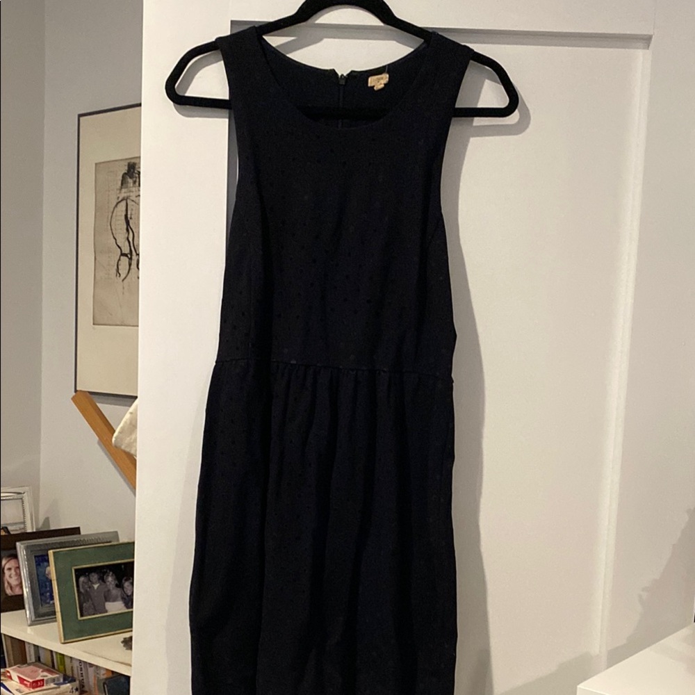 J. Crew dark navy mini dress with polka dots. Super hard to capture in photos.